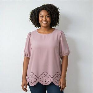 NWT Adrianna Papell Eyelet Embroidered Short Sleeve Top Light Mauve